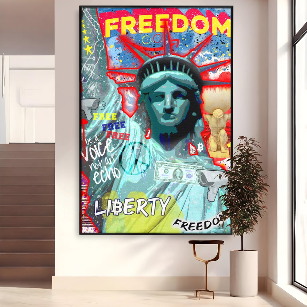 Tablou canvas cu tablou canvas cu statuia libertatii si graffiti, in rama de aluminiu negru